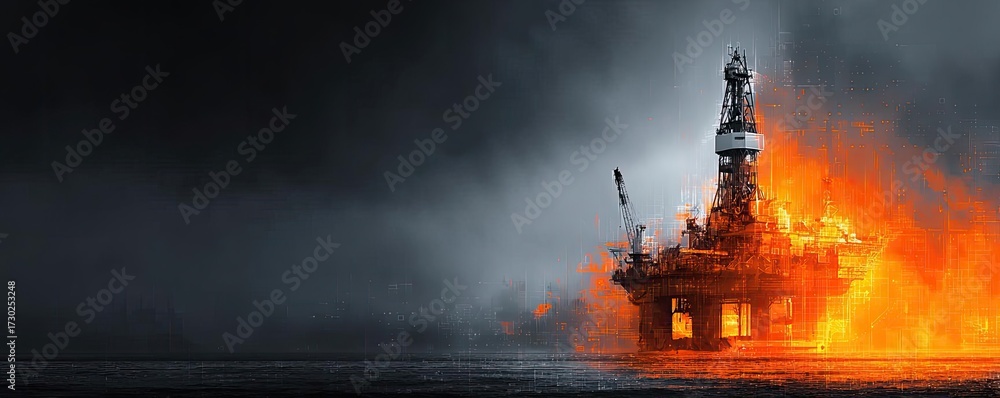 Fototapeta premium Fire on oil platform in open sea concept. Oil rig engulfed in flames amidst dark smoke and chaos.