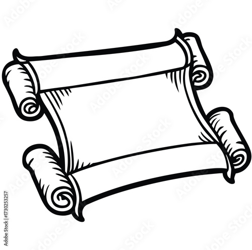 Scroll of Timeless: A detailed drawing presents an ancient scroll, offering a canvas for historical, literary, or artistic narratives, captured in stark monochromatic lines.