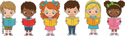Group of cute cartoon children reading books, happy kids learning, studying together, education, school illustration, diverse boys and girls characters