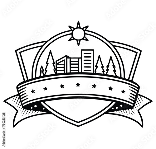 Urban Landscape Emblem: A sleek emblem presents a modern city skyline framed within a shield, complemented by stars, a sun and flourishing nature elements.