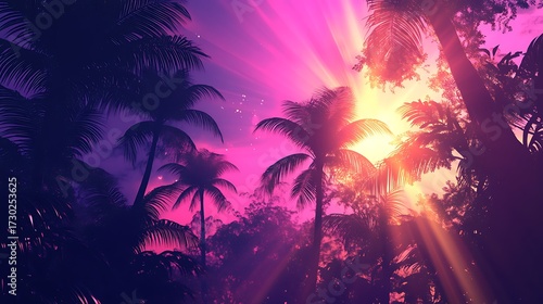 Tropical sunset palm trees vibrant colors nature scene art
