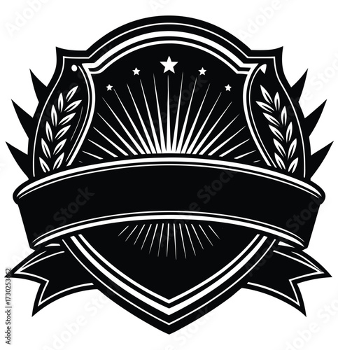 Heraldic Emblem: A stylized, black and white heraldic emblem, featuring a blank banner for personalization, radiant sunburst, stars, and decorative wheat stalks, a classic design