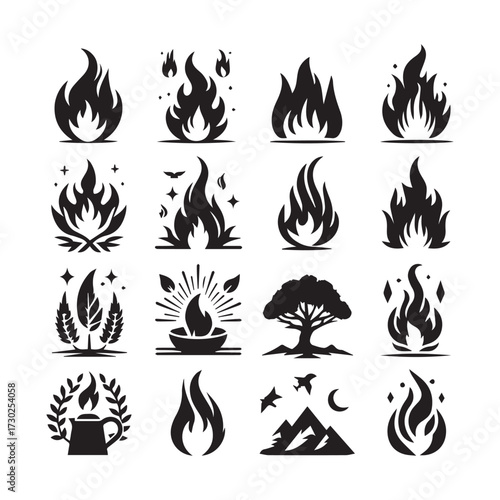 Diverse collection of sixteen black silhouette icons featuring fire flames, a tree, mountains, and celestial elements on a white background