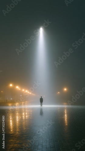 Silhouette Of A Person Illuminated By A Beam Of Light Standing On Wet Pavement Amidst Foggy Street At Night