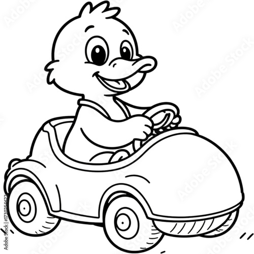 Funny cartoon car vector illustration with a Duck driver driving fast on the road
