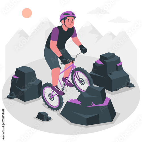 Professional Mountain Biker Riding Purple Bicycle over Large Rocks in Mountain Landscape Illustration