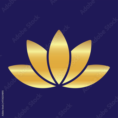 Golden Lotus flower icon. Luxury Logo Symbol for beauty, zen, spa, yoga, massage, medical companies. Gold blooming lotus flower icon isolated on blue background, vector illustration EPS 10.