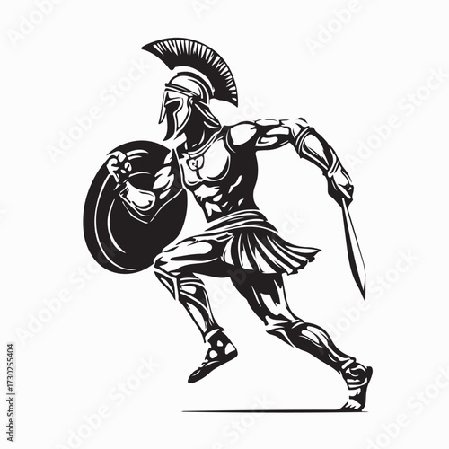 Trojan Warrior Charging with Shield in Hand Vector Art Isolated on White Background