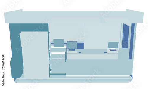An animated convenience store reception area features a central desk with computer and surrounding chairs. Bright lighting illuminates the clean silhouette of the customer service stand.