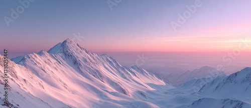 Snow Capped Mountain Peaks Illuminated By Sunset Hues with Pink and Blue Sky at Twilight