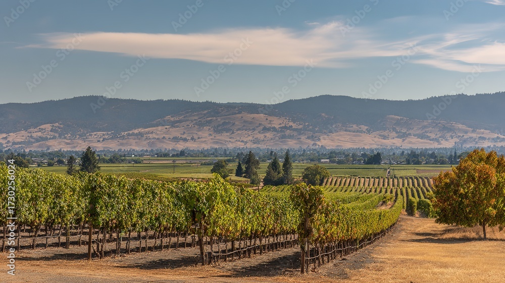 Fototapeta premium vineyard. Serene vineyard landscape with orderly grapevine rows under natural sunlight, evoking tranquility and growth. travel magazines.
