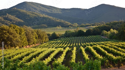 vineyard. Serene vineyard landscape with orderly grapevine rows under natural sunlight, evoking tranquility and growth. travel magazines.