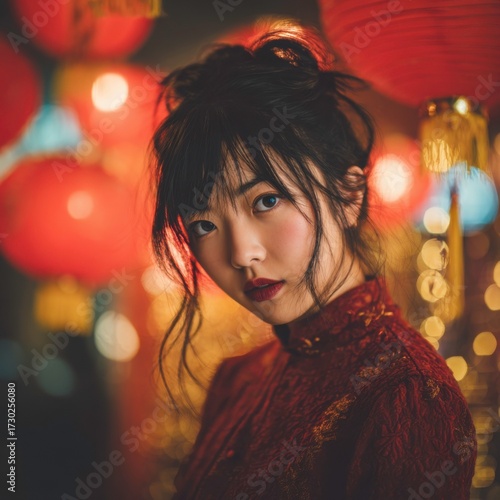Beautiful Chinese woman in traditional national costume, Asian girl wearing cultural dress, elegant portrait with ethnic style and heritage background