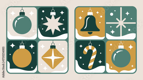Festive christmas icons arranged in a grid pattern with ornaments and candy cane decorations shown