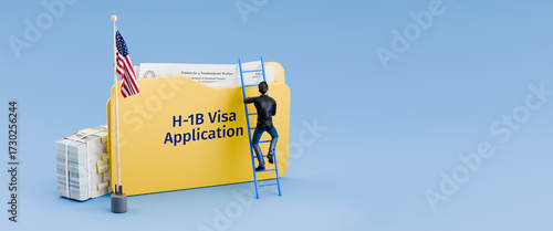 H-1B Visa concept: Applying for a H1-B visa in the USA. A file folder with forms I-129 and an American flag and a bundle of 100 USD bills in the amount of 100.000 USD. An applicant climbing a lader.