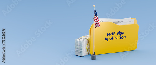 H-1B Visa concept: Applying for a H1-B visa in the USA. A file folder with forms I-129 and an American flag and a bundle of 100 USD bills in the amount of 100.000 USD.
