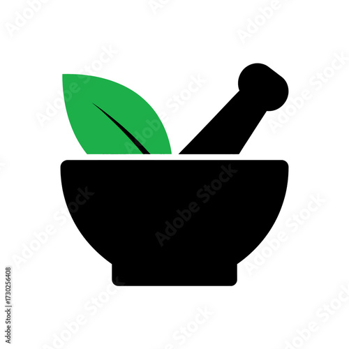 Mortar and Pestle with Green Leaf Icon Representing Herbal Medicine and Natural Remedies