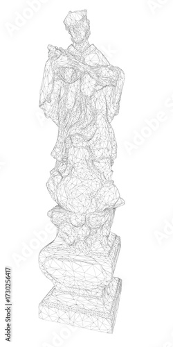 A black and white 3D wireframe statue of a man holding a bird in his hand, featuring an intricate and unique geometric design.