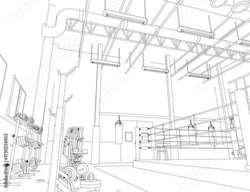 Black and white contour drawing of a gym interior featuring weight machines, punching bags, and various training equipment.