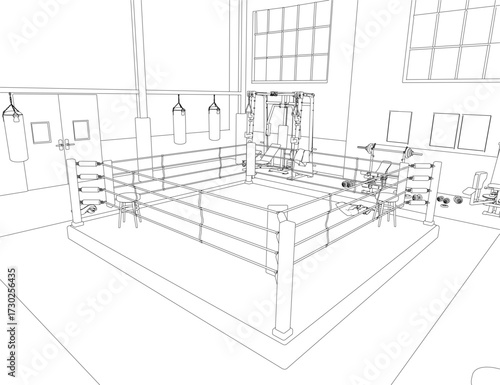 Boxing ring contour drawing in a gym setting, featuring hanging punching bags, a visible door, and windows. This illustration emphasizes training equipment and architectural details.