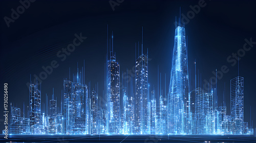 Fototapeta Naklejka Na Ścianę i Meble -  Futuristic city landscape background blue. Low poly wireframe night buildings with glowing effect. Abstract tech smart cityscape background. Innovation skyscrapers and offices. Vector illustration.