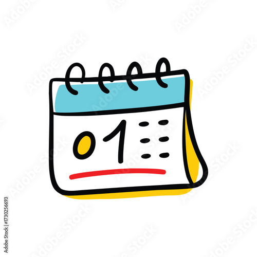 calendar page with blue header, yellow date “01”, and red underline doodle schedule vector icon