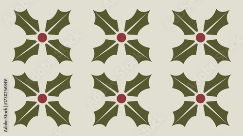 Pattern of six holly leaf motifs with red berries on a light beige background in a symmetrical arrangement