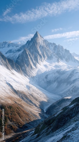 Snowy Mountain Peaks Against Blue Sky Sunny Day in the Mountains