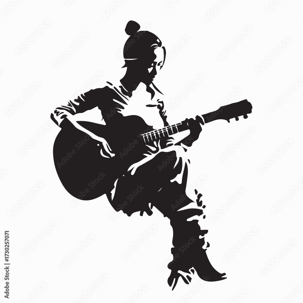 Fototapeta premium Relaxed Young Woman Silhouette Playing Acoustic Guitar Vector on White Background