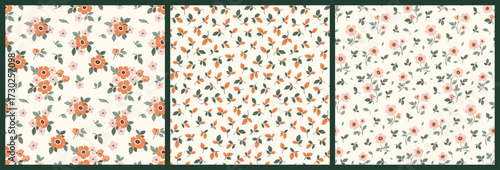 Seamless floral pattern, liberty ditsy print collection in natural colors. Delicate rustic botanical design of hand drawn small flowers, tiny leaves, simple bouquets on a white. Vector illustration.