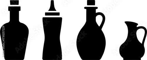 Silhouette set of four different shaped bottles and jugs ideal for cooking kitchen utensils and recipes