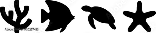 Ocean Sea Life Silhouettes Coral Fish Turtle Starfish for Tattoo or Coloring Book Design