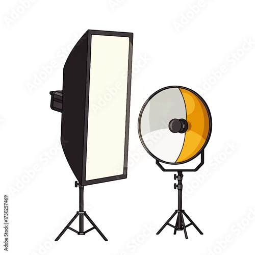 Professional lighting equipment for photography and videography with softboxes and reflectors