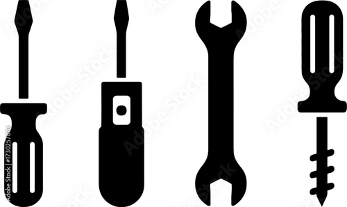 Black Silhouette Flathead Screwdrivers Open End Wrench and Spiral Screwdriver Tools for Repair and Maintenance
