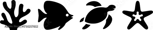 Marine Life Silhouettes of Coral Fish Turtle and Starfish for Ocean Themed Tattoo or Coloring Book Designs