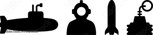 Black Submarine Diver Torpedo and Underwater Mine Silhouettes for Military and Nautical Design