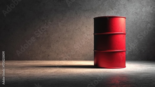 Brent oil barrel standing on plain surface concept. A stack of three red barrels in a dimly lit industrial space.