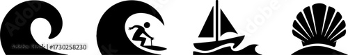 Stylized Ocean Wave Surfing Sailboat and Seashell Vector Design