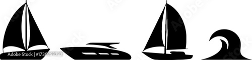 Black Silhouette Sailboats Luxury Yacht and Ocean Wave Vector Design for Nautical Themes and Tattoos