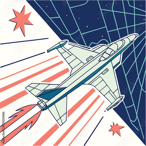 Futuristic fighter jet emerging from a vibrant glowing holographic projection showcasing advanced technology and aerial combat readiness