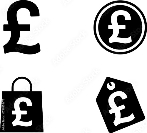 British Pound Currency Symbol Variations Coin Shopping Bag Price Tag Set for Finance and Retail