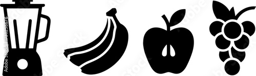 Black Silhouette Blender Banana Apple Grapes for Smoothie and Healthy Food Design