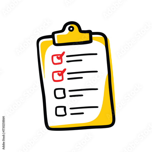 clipboard with checklist, clipboard with yellow background and red checkmarks doodle task list vector icon