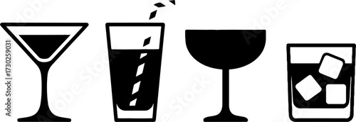 Simple black and white vector illustration of cocktail drinks with ice and straw perfect for menus