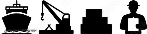 Shipping and Cargo Transport Vectors with Ship Crane Boxes and Inspector for Logistics and Warehouse