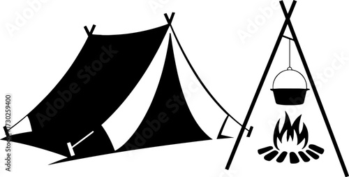 Camping Tent and Cooking Pot over Campfire Outdoor Adventure for Recreation Design