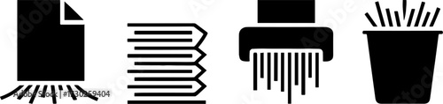 Document Shredding Processs Paper Shredder Stack of Papers and Waste Basket for Office Security