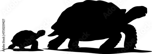 Silhouette of Adult and Baby Tortoise Walking Side by Side Nature Animal Illustration for Tattoo and Design
