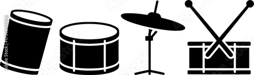 Silhouette Drum Set Including Snare Drum Bass Drum Cymbal and Drumsticks for Music Designs