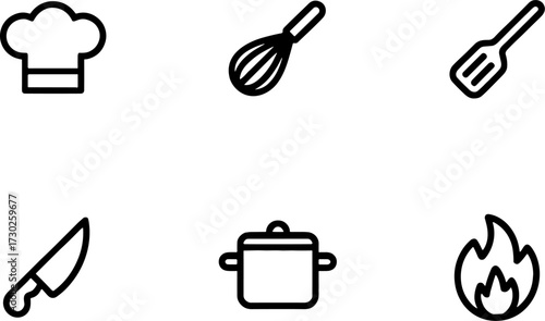Cooking kitchen utensils set chef hat whisk spatula knife pot and flames for culinary designs